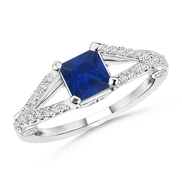 5mm AAA Split Shank Square Sapphire Ring with Diamond Accents in White Gold 