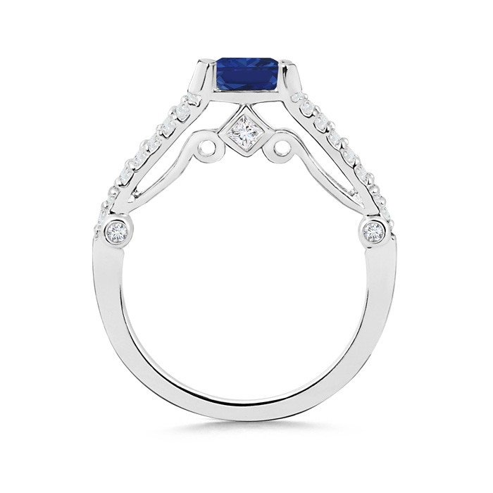 5mm AAA Split Shank Square Sapphire Ring with Diamond Accents in White Gold Product Image