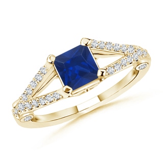 5mm AAA Split Shank Square Sapphire Ring with Diamond Accents in Yellow Gold