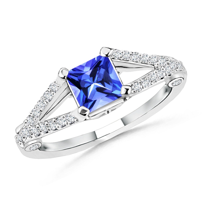 5mm AAA Split Shank Square Tanzanite Ring with Diamond Accents in White Gold
