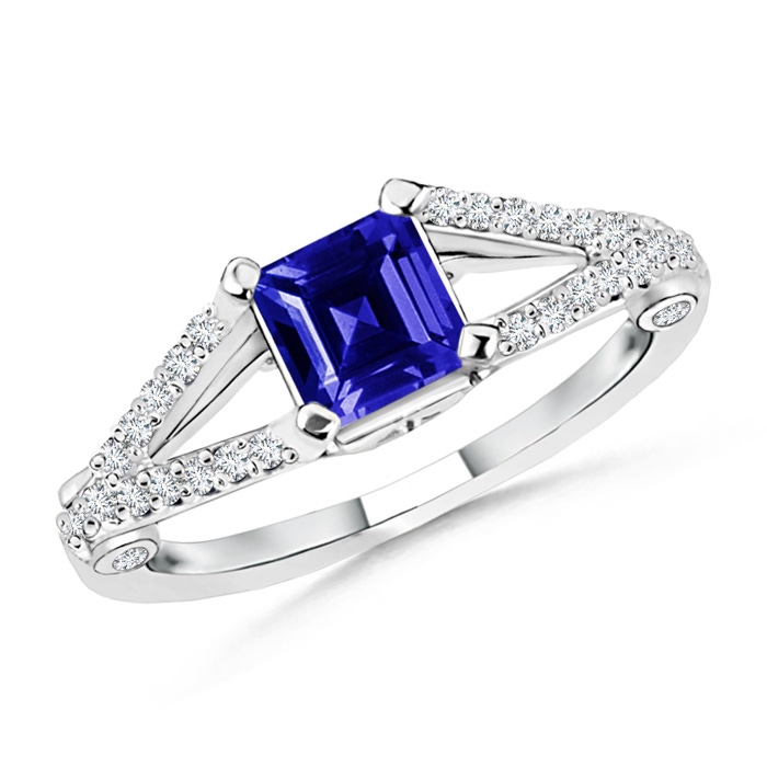 5mm AAAA Split Shank Square Tanzanite Ring with Diamond Accents in P950 Platinum
