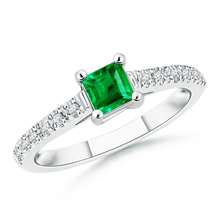 4mm AAA Solitaire Square Emerald Ring with Diamond Accents in White Gold 