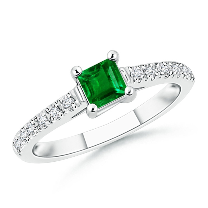 4mm AAAA Solitaire Square Emerald Ring with Diamond Accents in P950 Platinum