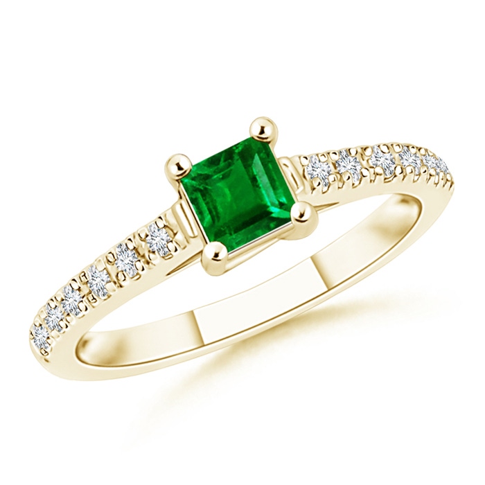 4mm AAAA Solitaire Square Emerald Ring with Diamond Accents in Yellow Gold