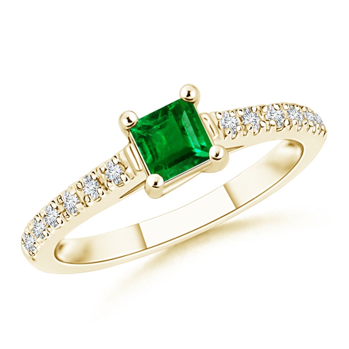 4mm AAAA Solitaire Square Emerald Ring with Diamond Accents in Yellow Gold 