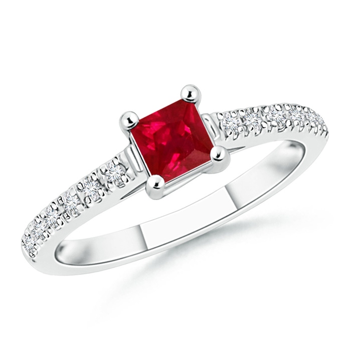 4mm AAA Solitaire Square Ruby Ring with Diamond Accents in White Gold