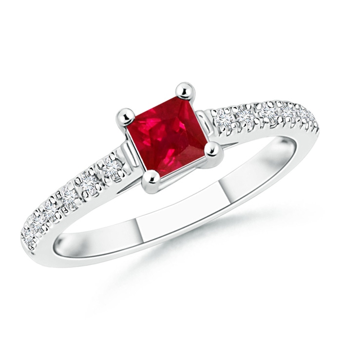 4mm AAA Solitaire Square Ruby Ring with Diamond Accents in White Gold 