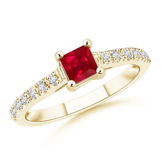 4mm AAA Solitaire Square Ruby Ring with Diamond Accents in Yellow Gold