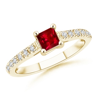 4mm AAAA Solitaire Square Ruby Ring with Diamond Accents in Yellow Gold