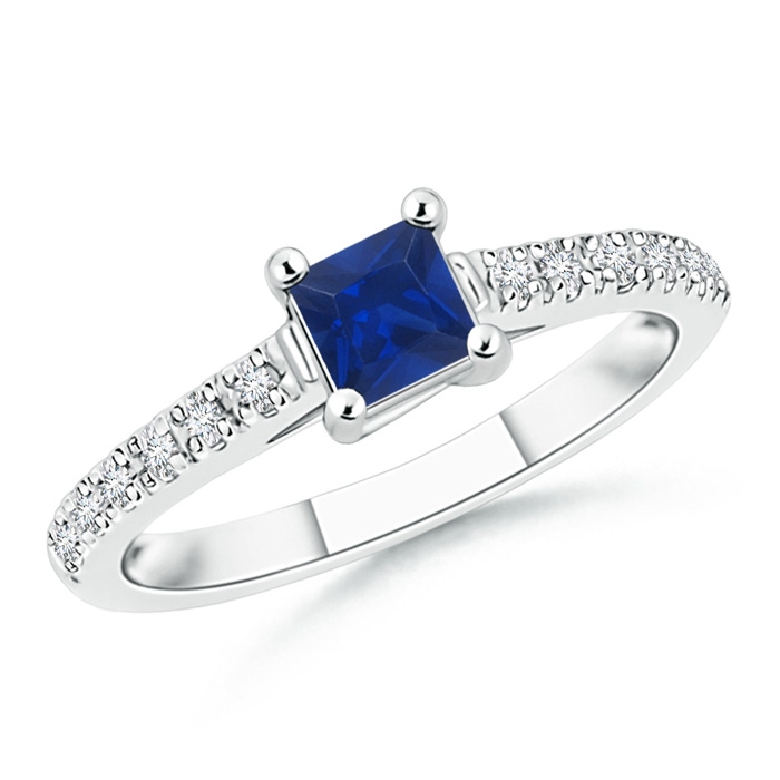 4mm AAA Solitaire Square Sapphire Ring with Diamond Accents in White Gold 