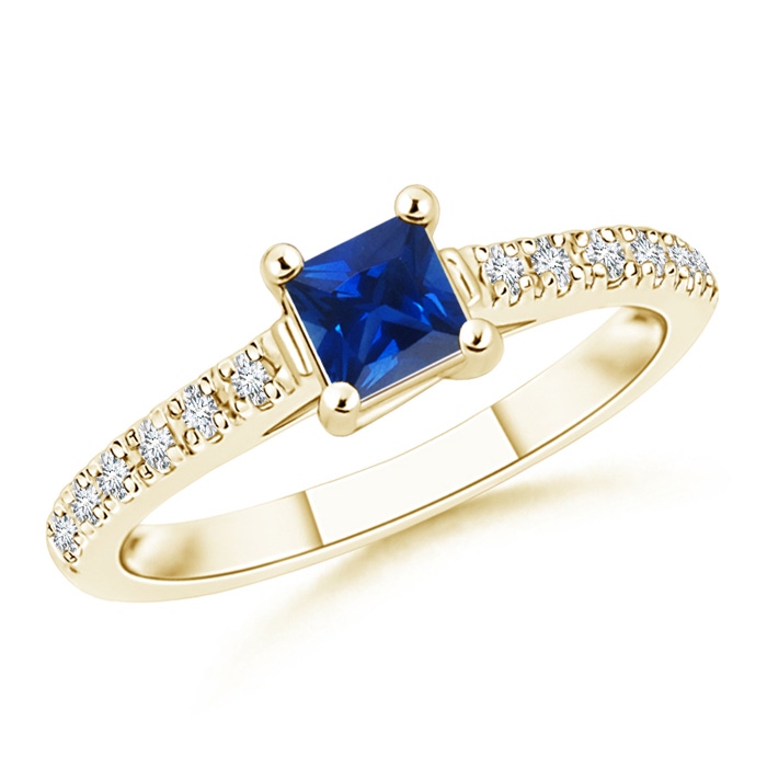 4mm AAAA Solitaire Square Sapphire Ring with Diamond Accents in Yellow Gold 