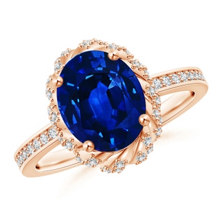 10x8mm AAAA Oval Blue Sapphire and Diamond Halo Ring in Rose Gold