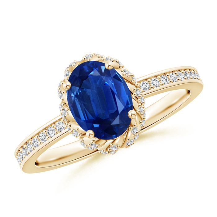 8x6mm AAA Oval Blue Sapphire and Diamond Halo Ring in Yellow Gold