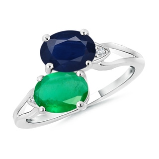 8x6mm A Two Stone Oval Emerald and Sapphire Split Shank Ring in 9K White Gold