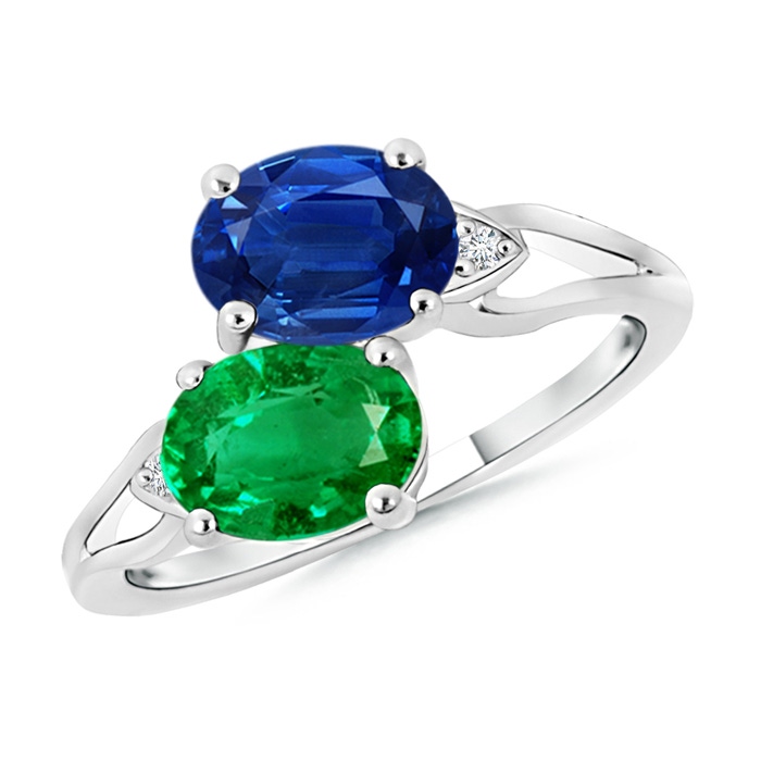 8x6mm AAA Two Stone Oval Emerald and Sapphire Split Shank Ring in White Gold