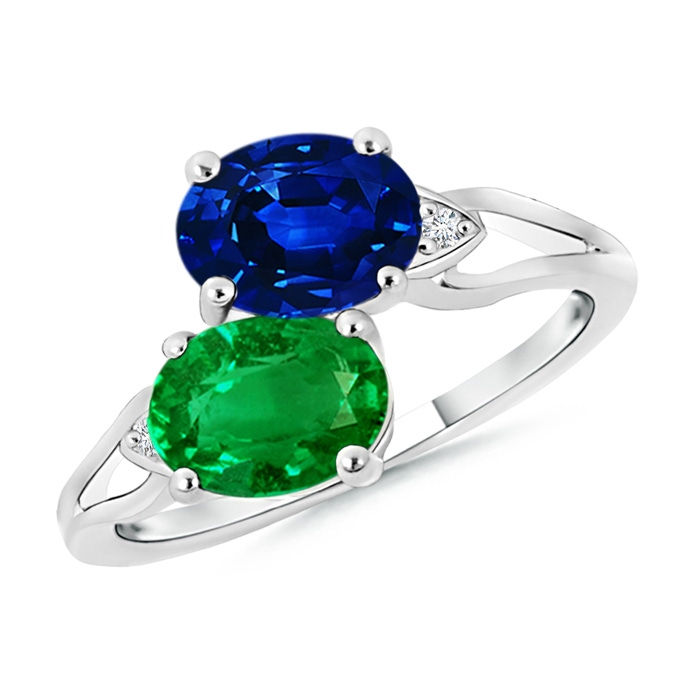 8x6mm AAAA Two Stone Oval Emerald and Sapphire Split Shank Ring in P950 Platinum