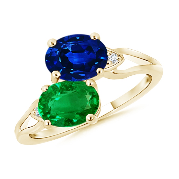 8x6mm AAAA Two Stone Oval Emerald and Sapphire Split Shank Ring in Yellow Gold