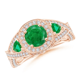 6mm AA Emerald Criss Cross Ring with Diamond Halo in Rose Gold