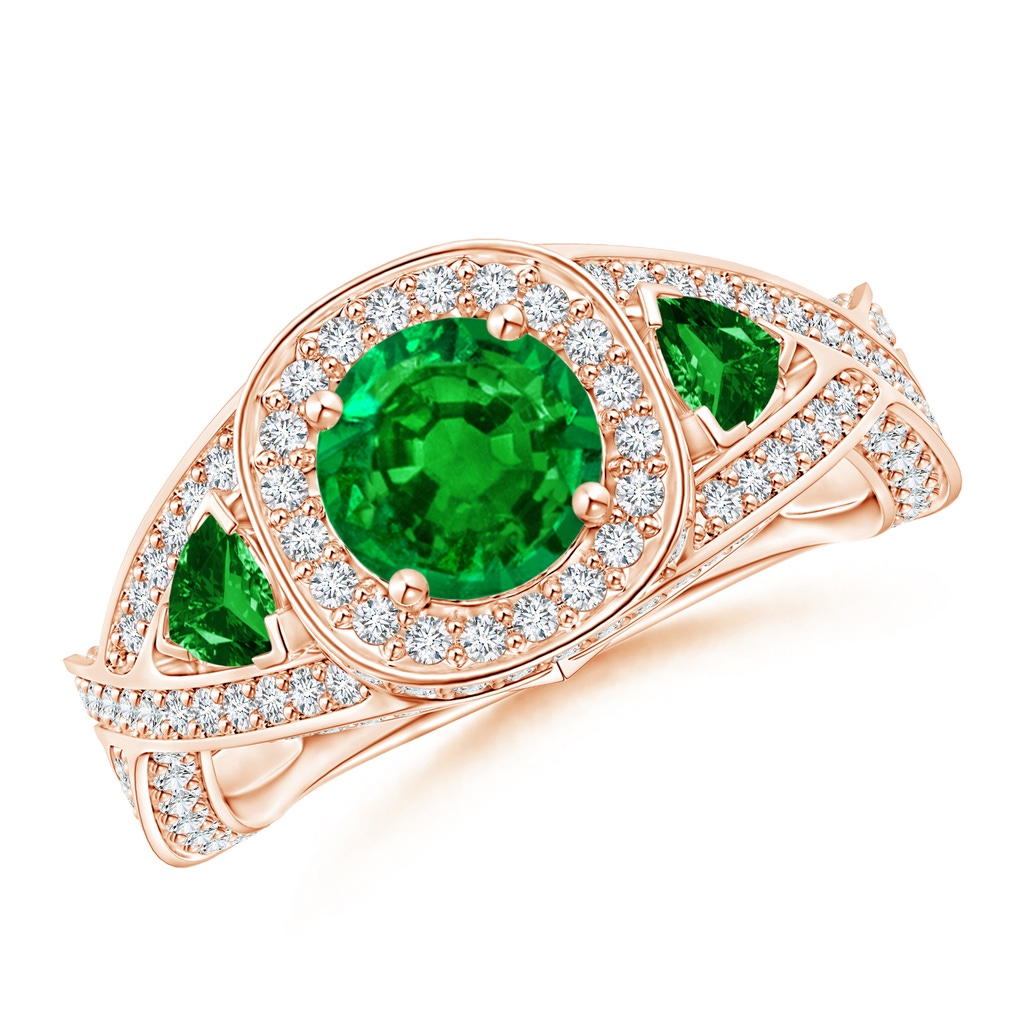 6mm AAAA Emerald Criss Cross Ring with Diamond Halo in Rose Gold