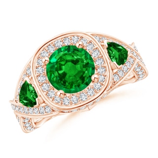 7mm AAAA Emerald Criss Cross Ring with Diamond Halo in 9K Rose Gold