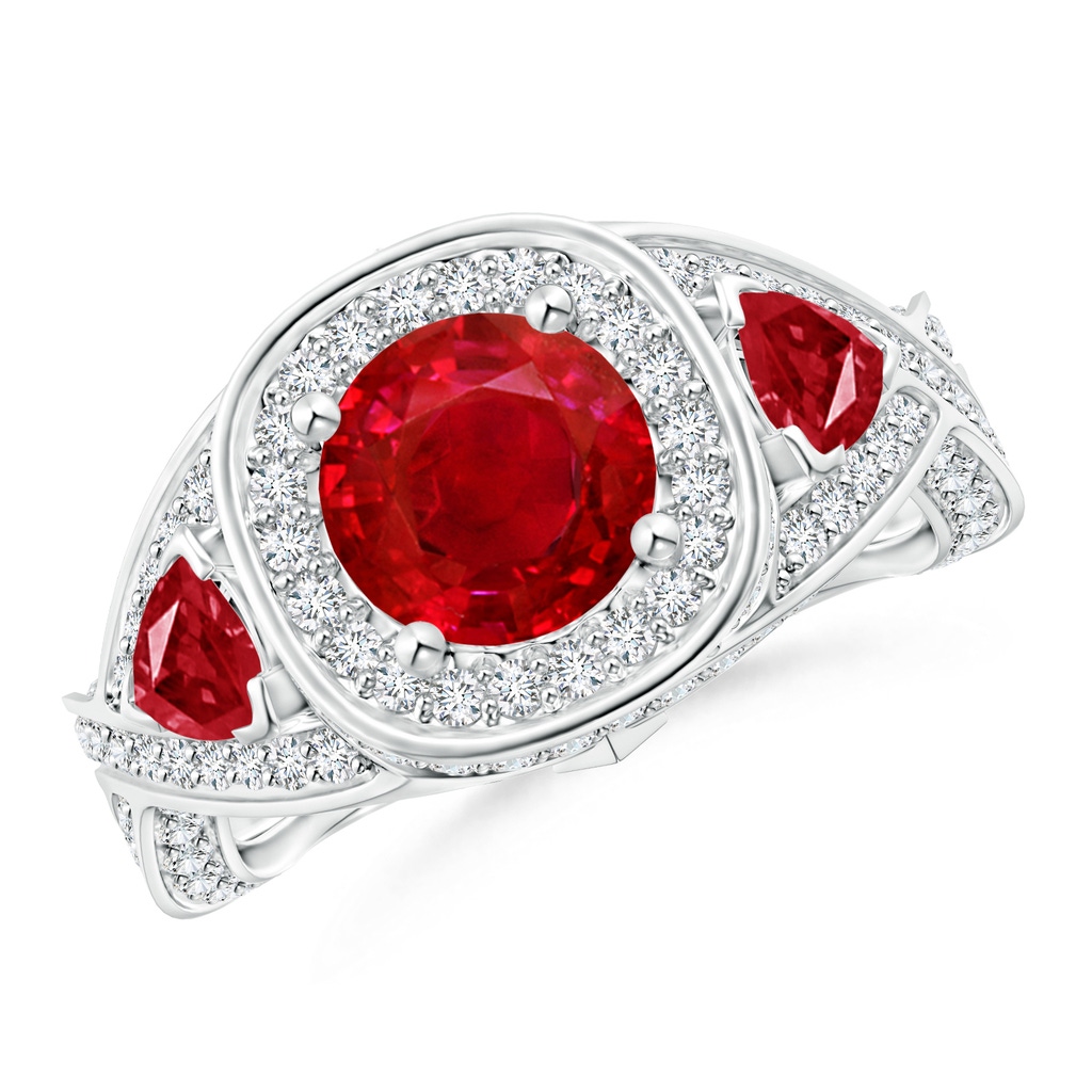 7mm AAA Ruby Criss Cross Ring with Diamond Halo in White Gold