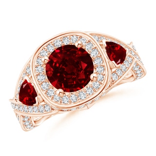 7mm AAAA Ruby Criss Cross Ring with Diamond Halo in 9K Rose Gold