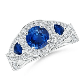 6mm AAA Blue Sapphire Criss Cross Ring with Diamond Halo in P950 Platinum