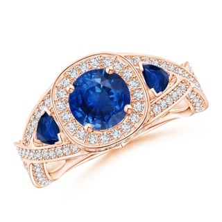 6mm AAA Blue Sapphire Criss Cross Ring with Diamond Halo in Rose Gold