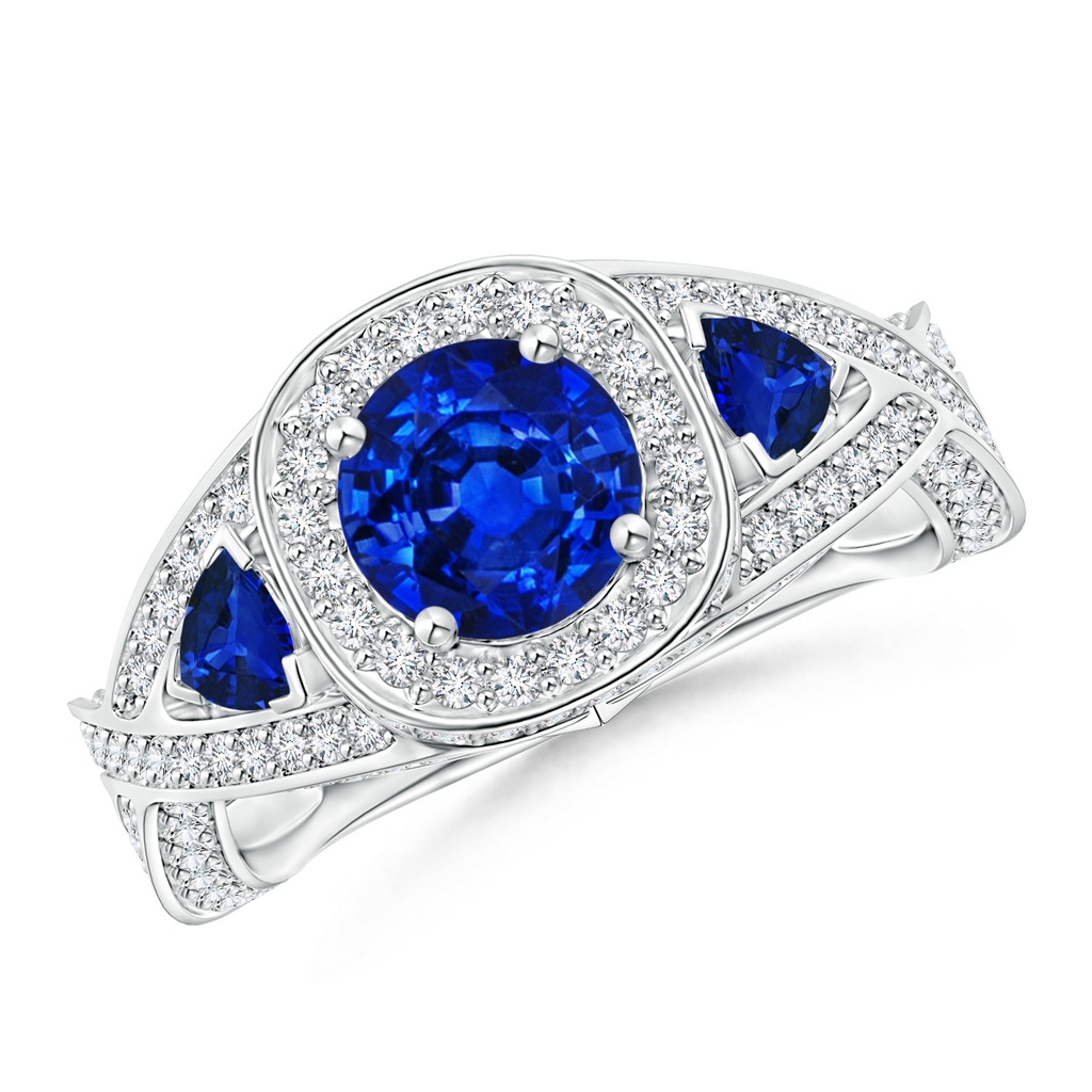 6mm AAAA Blue Sapphire Criss Cross Ring with Diamond Halo in P950 Platinum