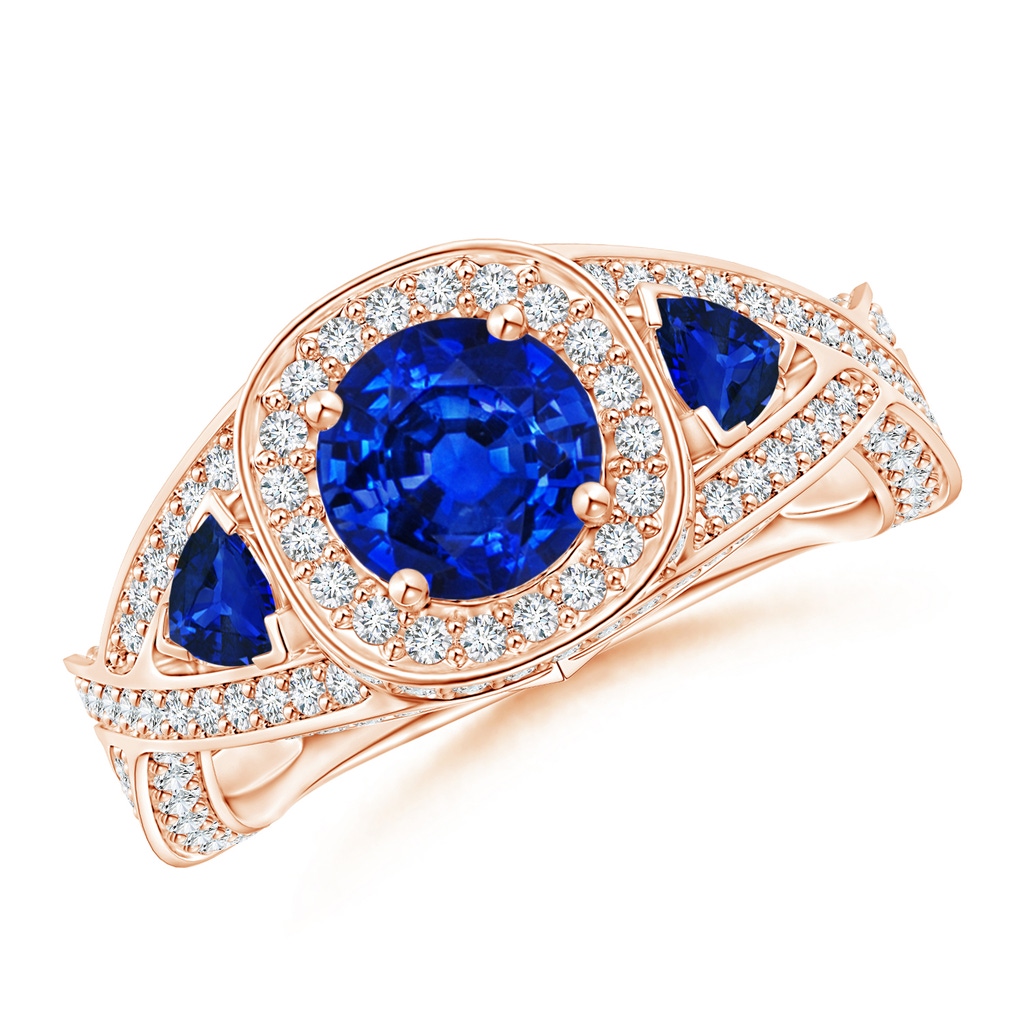 6mm AAAA Blue Sapphire Criss Cross Ring with Diamond Halo in Rose Gold