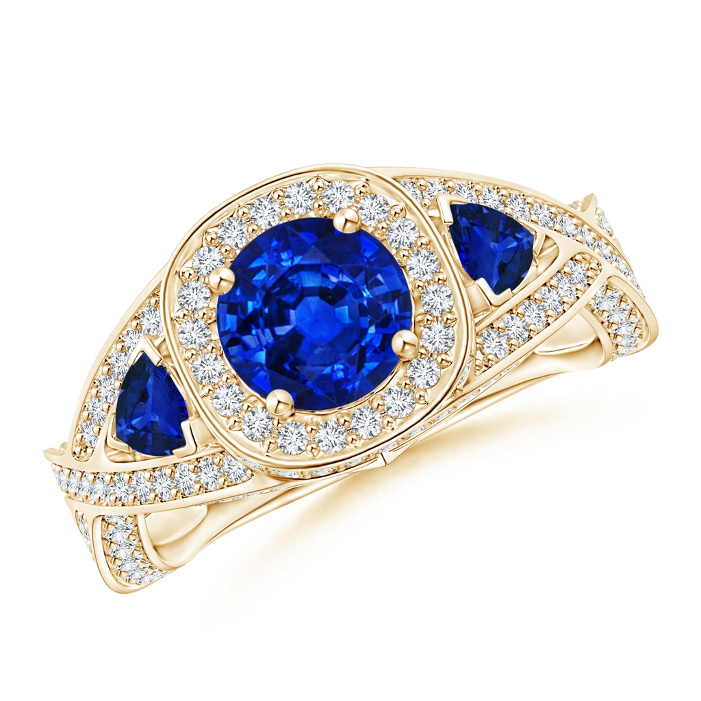 6mm AAAA Blue Sapphire Criss Cross Ring with Diamond Halo in Yellow Gold