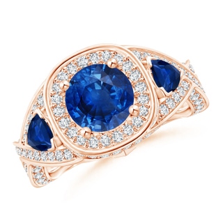 7mm AAA Blue Sapphire Criss Cross Ring with Diamond Halo in Rose Gold