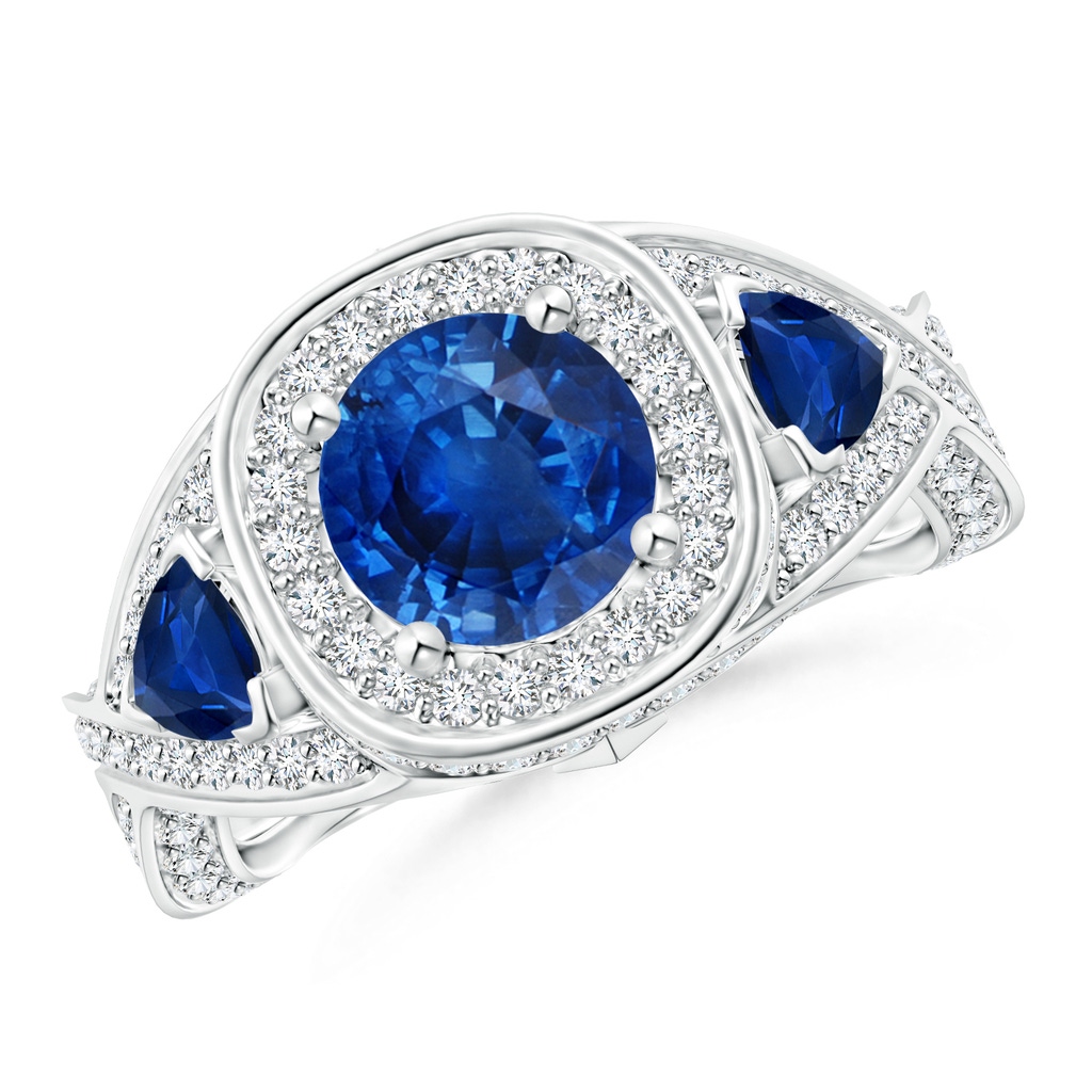 7mm AAA Blue Sapphire Criss Cross Ring with Diamond Halo in White Gold