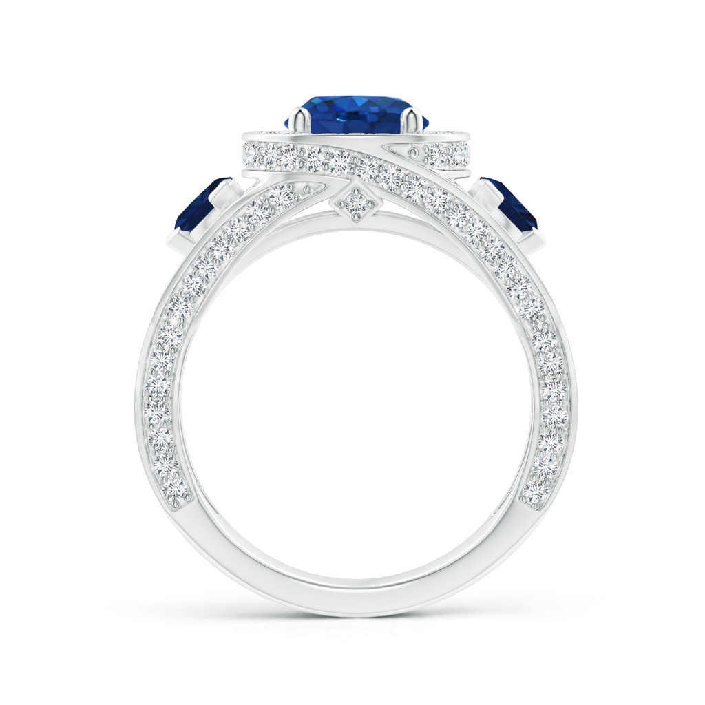 7mm AAA Blue Sapphire Criss Cross Ring with Diamond Halo in White Gold Product Image