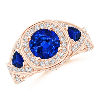 7mm AAAA Blue Sapphire Criss Cross Ring with Diamond Halo in 9K Rose Gold