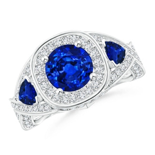 7mm AAAA Blue Sapphire Criss Cross Ring with Diamond Halo in P950 Platinum