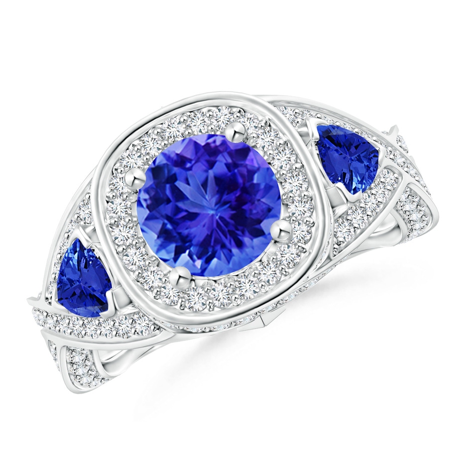 7mm AAA Tanzanite Criss Cross Ring with Diamond Halo in White Gold 