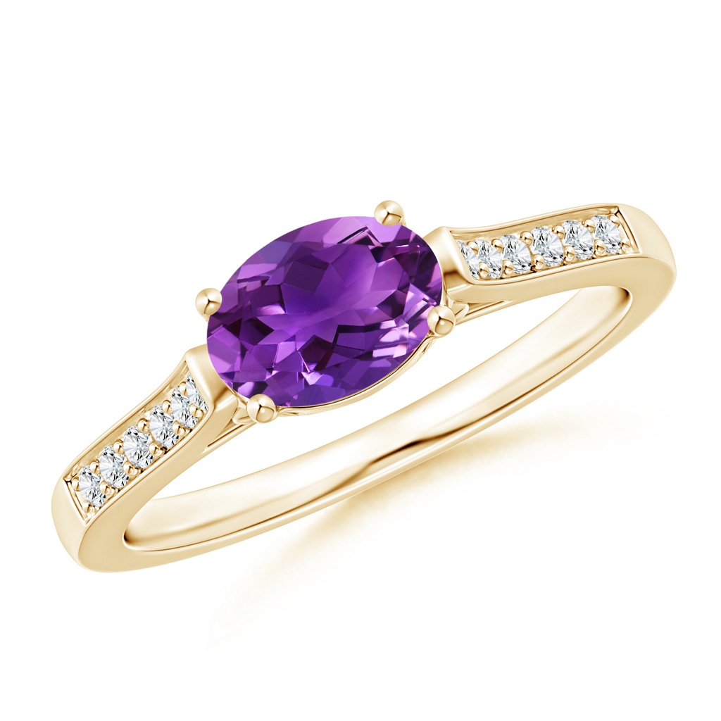 7x5mm AAAA East-West Oval Amethyst Solitaire Ring with Diamonds in Yellow Gold