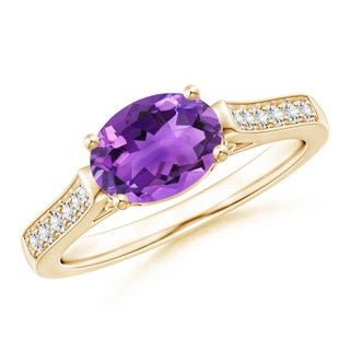 8x6mm AAA East-West Oval Amethyst Solitaire Ring with Diamonds in Yellow Gold