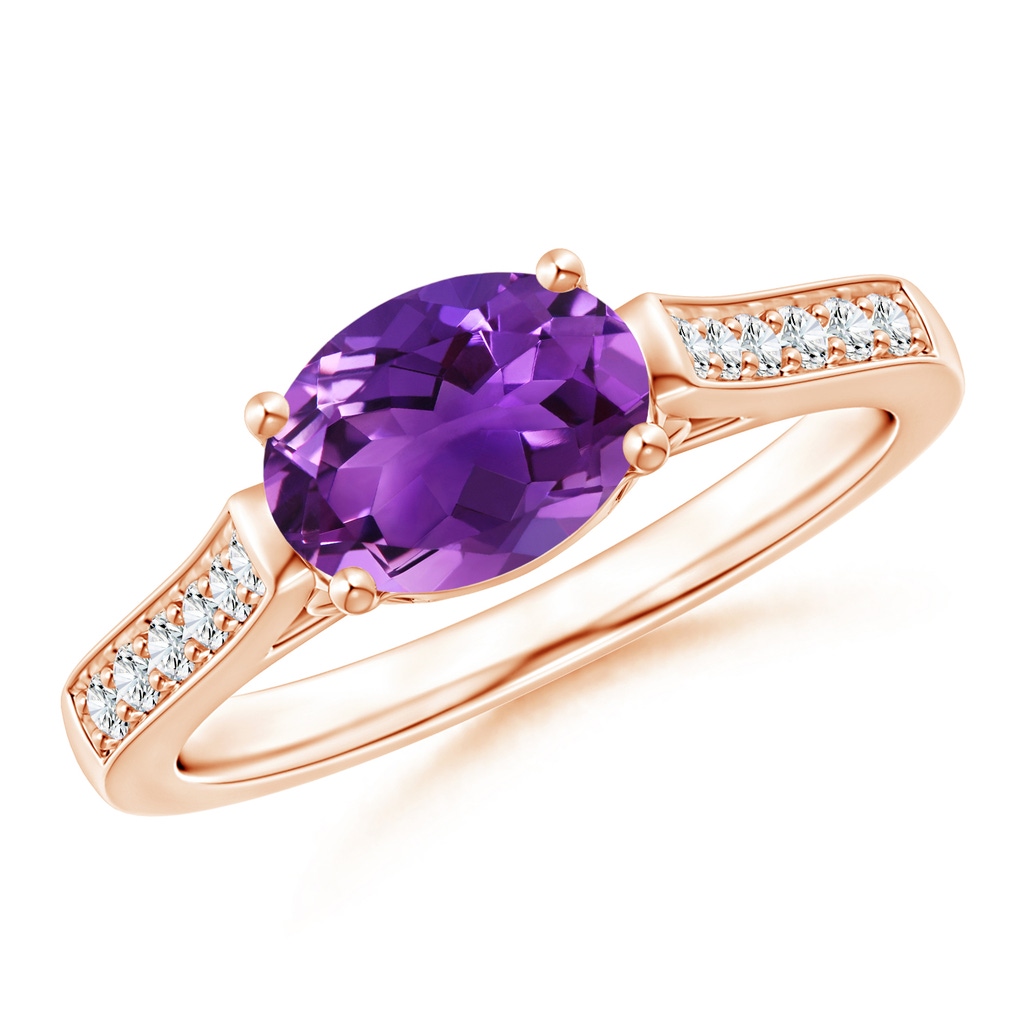8x6mm AAAA East-West Oval Amethyst Solitaire Ring with Diamonds in Rose Gold