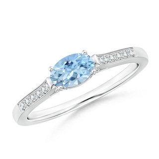 6x4mm AAA East-West Oval Aquamarine Solitaire Ring with Diamonds in 9K White Gold