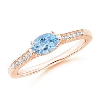 6x4mm AAA East-West Oval Aquamarine Solitaire Ring with Diamonds in Rose Gold