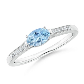 6x4mm AAA East-West Oval Aquamarine Solitaire Ring with Diamonds in White Gold