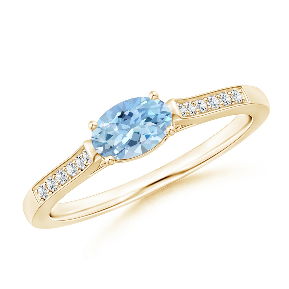 6x4mm AAA East-West Oval Aquamarine Solitaire Ring with Diamonds in Yellow Gold 