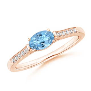 6x4mm AAAA East-West Oval Aquamarine Solitaire Ring with Diamonds in Rose Gold