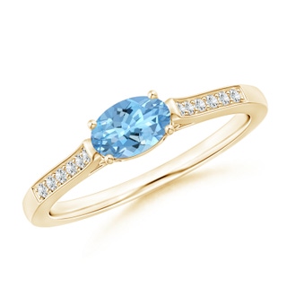 6x4mm AAAA East-West Oval Aquamarine Solitaire Ring with Diamonds in Yellow Gold