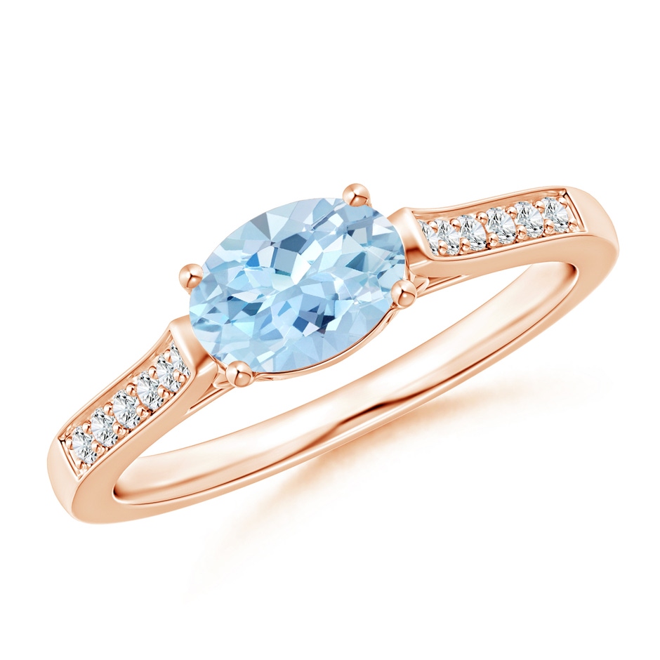 7x5mm AAA East-West Oval Aquamarine Solitaire Ring with Diamonds in Rose Gold 