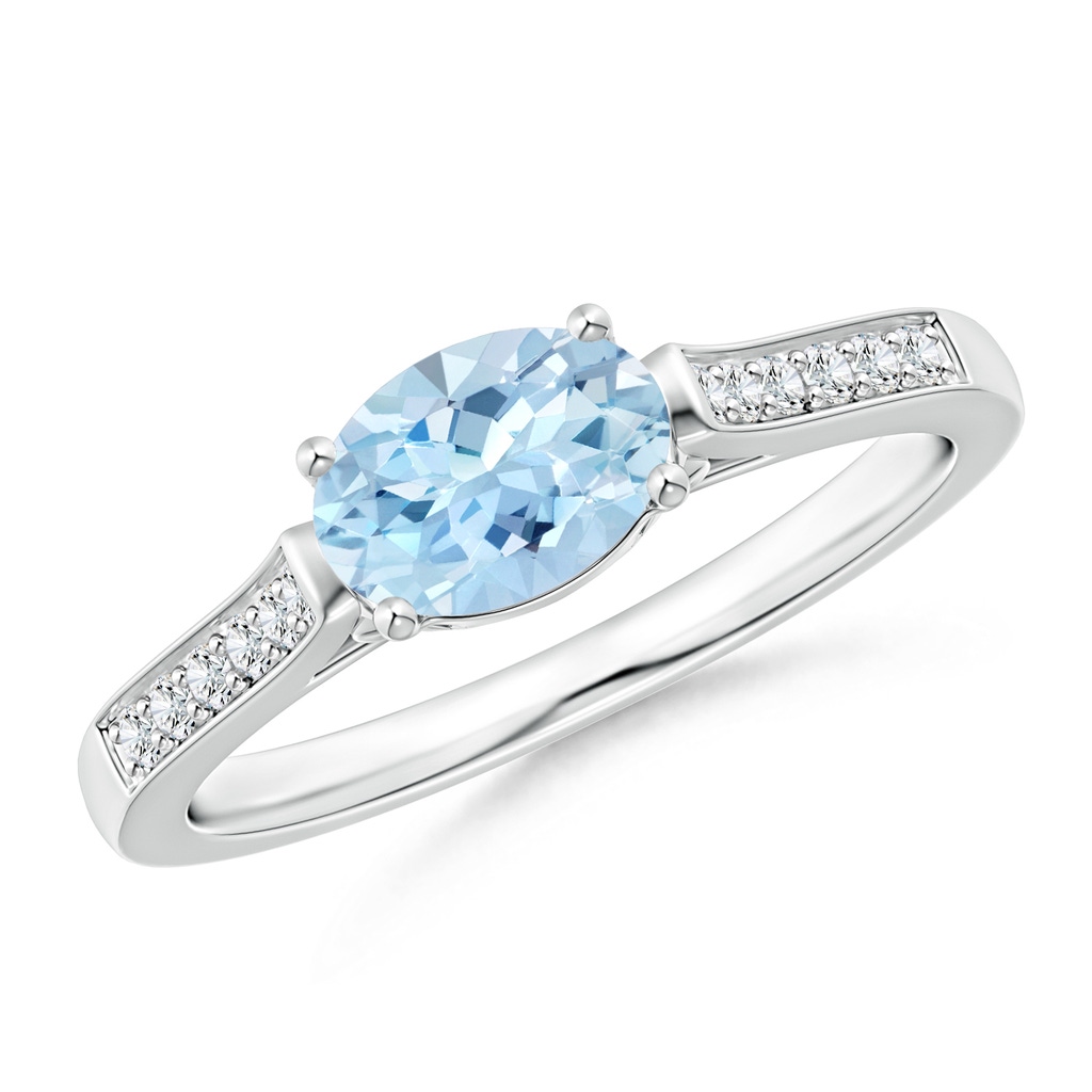 7x5mm AAA East-West Oval Aquamarine Solitaire Ring with Diamonds in White Gold