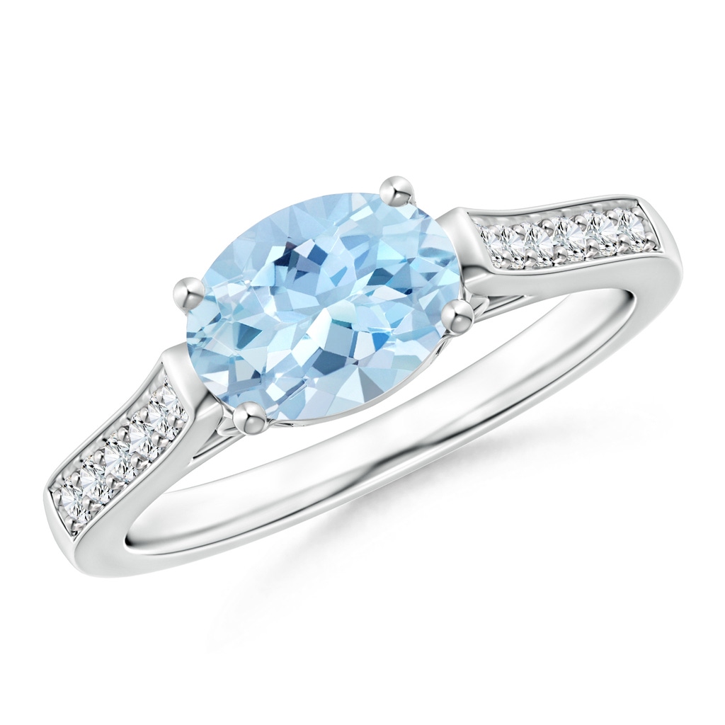 8x6mm AAA East-West Oval Aquamarine Solitaire Ring with Diamonds in White Gold