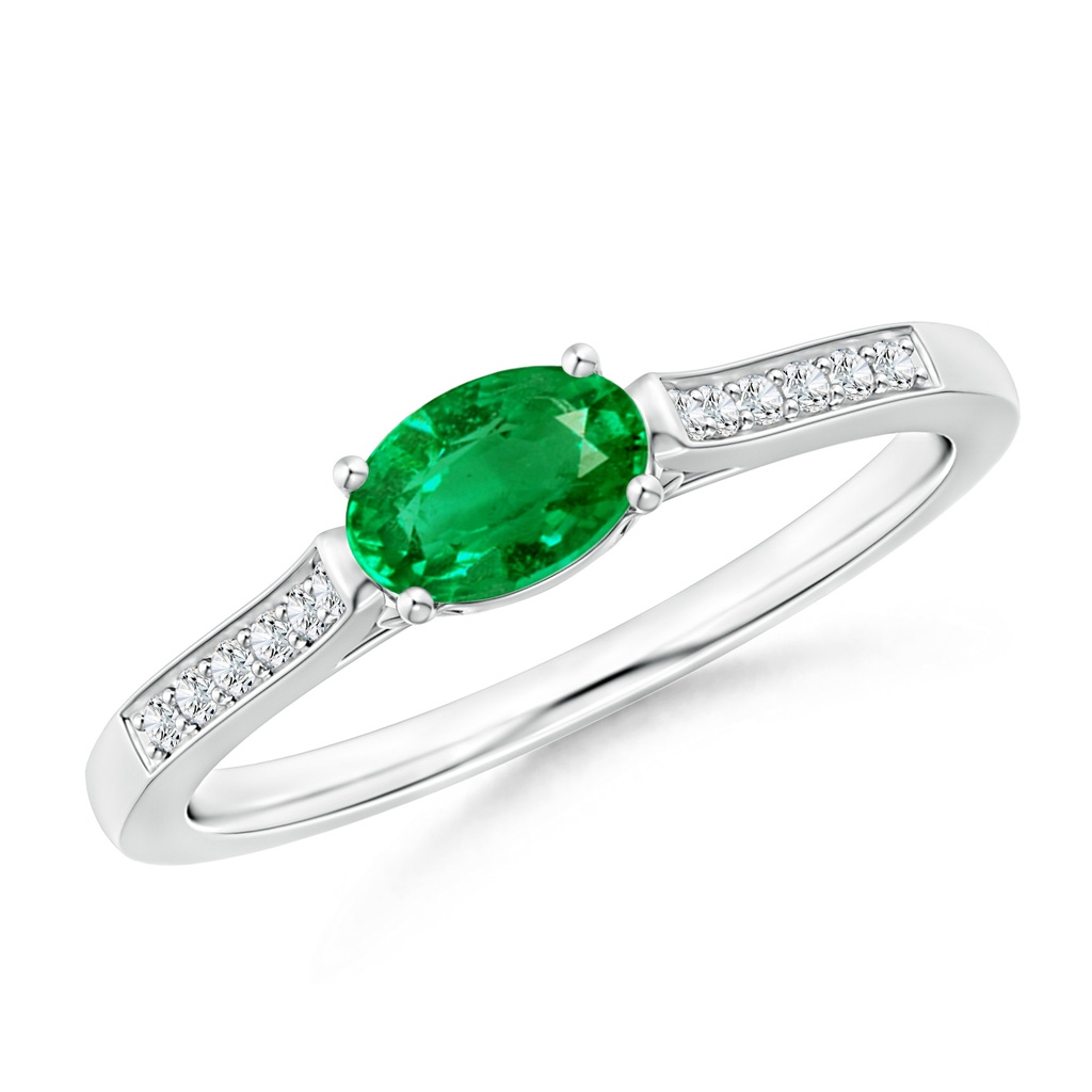 6x4mm AAA East West Oval Emerald Solitaire Ring with Diamonds in White Gold